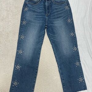 DRIFTWOOD Dark Blue Straight-Leg Jeans with Pearl Stud Embellishments